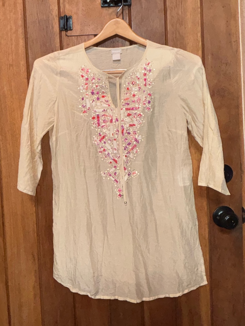 Chico’s Ivory Tunic Silk and Cotton Blend Top with Pink Accents and Beadwork